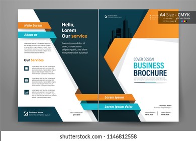 Front and back cover of a modern business brochure layout or flyer template, poster, magazine, annual report, book, booklet with orange and blue geometric design. Size A4 CMYK Vector illustration