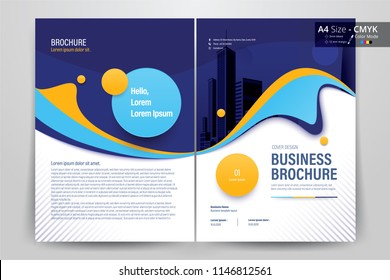 Front and back cover of a modern business brochure layout or flyer template, poster, magazine, annual report, book, booklet with violet, blue and yellow circle design. Size A4 CMYK Vector illustration