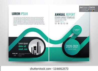 Front and back cover of a modern business brochure layout or flyer template, poster, magazine, annual report, book, booklet with green circle design. Size A4 CMYK Vector illustration