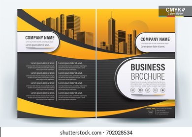 Front and back cover of a modern business brochure layout or flyer template, poster, magazine, annual report, book, booklet with black and orange wavy and building image. Size A4 Vector illustration