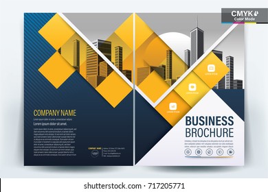 Front and back cover of a modern business brochure layout or flyer template, poster, magazine, annual report, book, booklet with dark blue and yellow square accents and building photo. Size A4 Vector