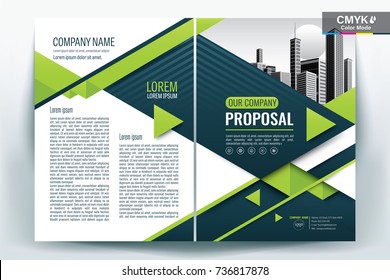 Front And Back Cover Of A Modern Business Brochure Layout Or Flyer Template, Poster, Magazine, Annual Report, Book, Booklet With White And Green Triangle And Building Image.Size A4 Vector Illustration