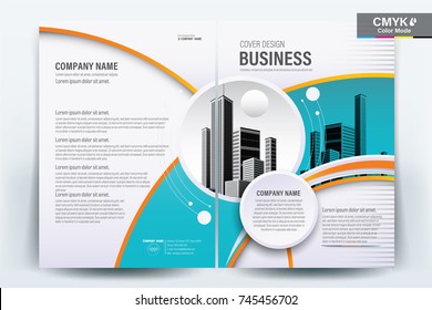 Front and back cover of a modern business brochure layout or flyer template, poster, magazine, annual report, book, booklet with Blue and Orange circle and building image.Size A4 Vector illustration