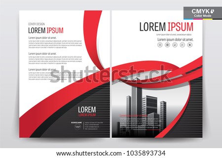 Front and back cover of a modern business brochure layout or flyer template, poster, magazine, annual report, book, booklet with red ribbon and building image. Size A4 CMYK Vector illustration