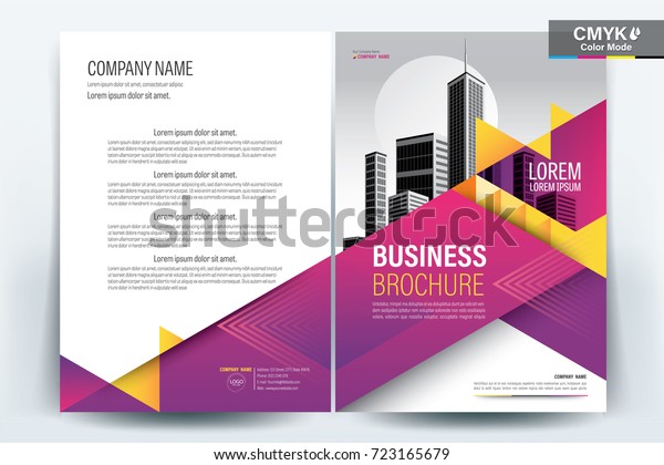 Front and back cover of a modern business\
brochure layout or flyer template, poster, magazine, annual report,\
book, booklet with yellow and magenta triangle and building image. \
A4 Vector illustration
