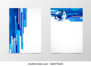 Front and back digital flyer template design. Abstract template with blue lines, globe and transparent circles in futuristic style. Vector illustration