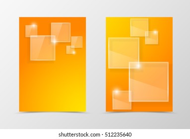 Front and back digital flyer template design. Abstract template in orange colors with transparent squares with glossy effect in futuristic style. Vector illustration