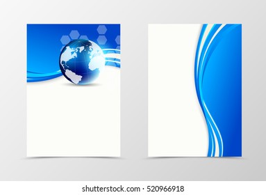 Front and back digital flyer template design. Abstract template with blue lines, globe and hexagons in wavy bright style. Vector illustration