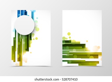 Front and back digital flyer template design. Abstract template with blue and green straight lines and gray paper circle in motion style. Vector illustration