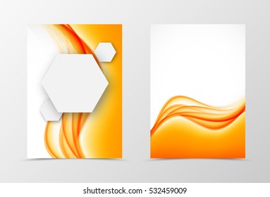 Front and back digital flyer template design. Abstract template with orange lines and gray paper hexagons in dynamic soft style. Vector illustration