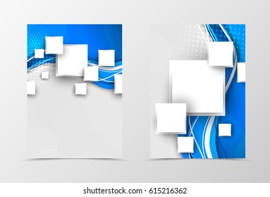 Front and back digital flyer template design. Abstract template with blue waves, white squares and halftone effect in futuristic style. Vector illustration
