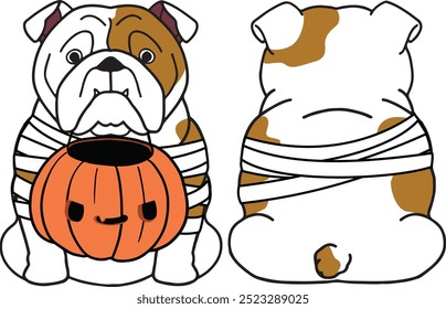 Frente y parte posterior Perro Halloween, Perro de la momia, Bulldog inglés Dibujo del perro