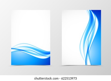 Front and back dynamic design flyer template with bent blue wavy lines in soft elegant style. Vector illustration
