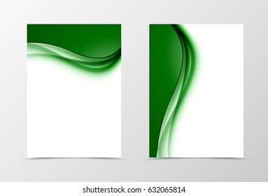 Front and back dynamic design flyer template with elegant green wavy lines in smooth soft style. Vector illustration