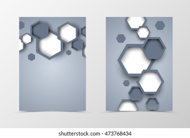 Front and back dynamic flyer template design. Abstract template in gray colors with hexagons in geometric style. Vector illustration