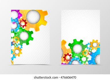 Front and back dynamic flyer template design. Abstract template with colorful gears in geometric style. Vector illustration