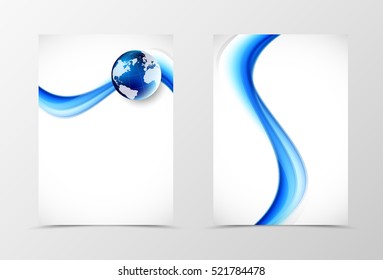 Front and back dynamic flyer template design. Abstract template with blue lines and globe in wavy bright style. Vector illustration