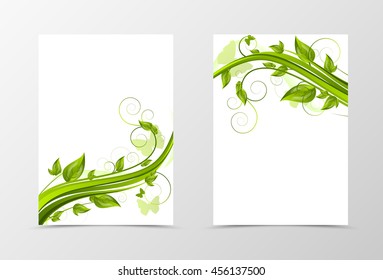 Front and back dynamic natural flyer template design. Abstract template with green flower and butterflies in floral style. Vector illustration