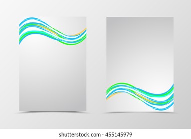 Front and back dynamic wave flyer template design. Abstract template with green, orange and blue lines. Vector illustration