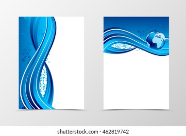 Front and back dynamic wave flyer template design. Abstract template with blue lines, globe and digital geometric mosaic square background in shiny style. Vector illustration