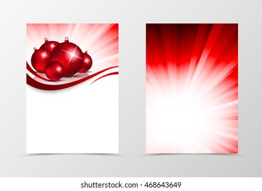 Front and back dynamic wave flyer template design. Abstract template with red lines and christmas balls in shiny vortex style. Vector illustration