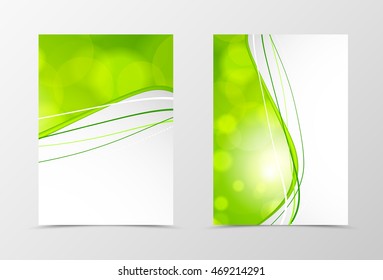 Front and back dynamic wave flyer template design. Abstract template with green lines and transparent circles in acid style. Vector illustration