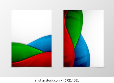 Front and back dynamic wave flyer template design. Abstract template with green, blue and red lines in swirl smooth style. Vector illustration