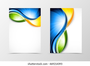 Front and back dynamic wave flyer template design. Abstract template with green, blue and orange lines in shiny vortex style. Vector illustration