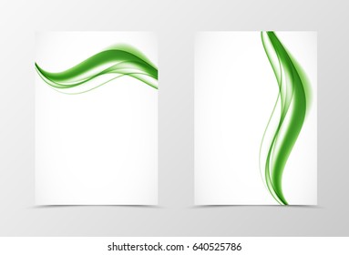 Front and back elegant design flyer template with soft smooth green wavy lines in dynamic style. Vector illustration