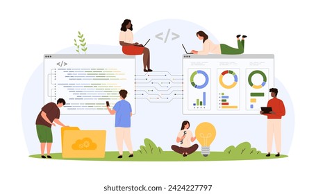 Front and back end software development. Tiny people programming, developers from agency coding and testing program code and UI UX website design of digital project cartoon vector illustration