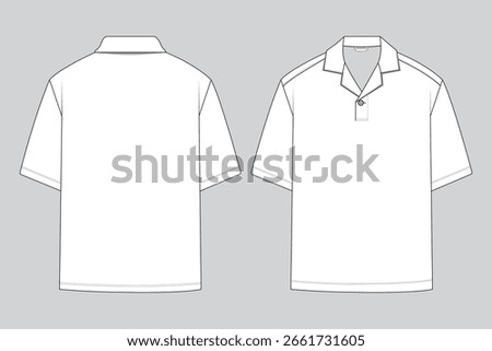 Front and Back Flat Drawings of Collared Pocket Shirt Design, Revere Collar Button Through Shirt, Resort shirt, RESORT COLLAR SHORT SLEEVES POLO-SHIRT, Revere Polo, Cuban collar mens aloha shirt