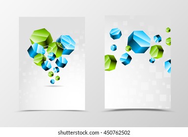 Front and back futuristic flyer template design. Abstract template with blue and green 3d hexagons and digital geometric background. Vector illustration