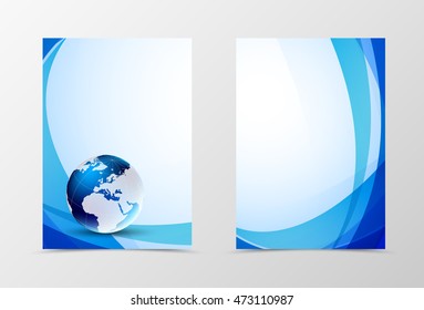 Front and back futuristic flyer template design. Abstract template with blue lines and globe in tech style. Vector illustration