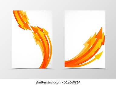 Front and back geometric flyer template design. Abstract template with orange and yellow arrows in dynamic style. Vector illustration