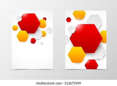 Front and back geometric flyer template design. Abstract template with red, orange and gray hexagons in dynamic style. Vector illustration