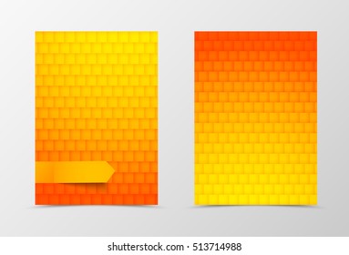 Front and back geometric flyer template design. Abstract template with orange and red bricks in bright style. Vector illustration