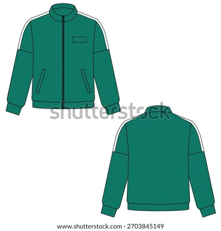 Front and back green tracksuit front and back flat sketch. Green tracksuit template	