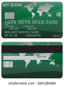 Front and back of a green world map debit card design with detail isolated on a white background
