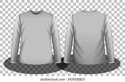 Front and back of grey long sleeves t-shirt on transparent background illustration
