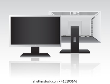 Front and Back of High Definition LED Monitor isolated on white background. Vector Illustration.