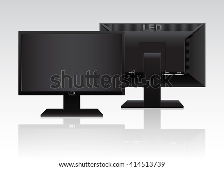 Front and Back of High Definition LED Monitor isolated on white background. Vector Illustration.