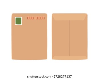 Ilustração frente e verso de envelope marrom A4 com selos