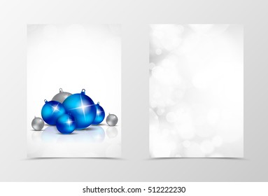 Front and back light flyer template design. Abstract template with blue and gray christmas balls on white blurred background in shiny style. Vector illustration