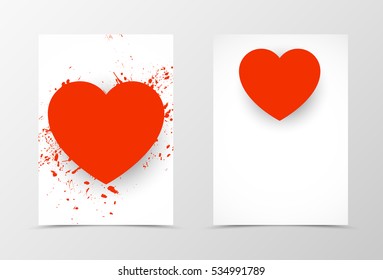Front and back lovely template design. Abstract template with red heart and splash texture in grunge style. Vector illustration