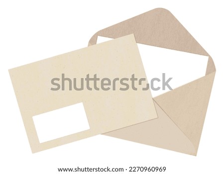 Front and back manila envelope with place for address and paper sheet isolated on white background. Craft with grainy texture. Beige blank kraft cardboard. Recycled package carton vector illustration