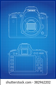 Front, back and matrix with open bayonet of SLR Camera Blueprint Lines with grid. Outline Vector Illustration