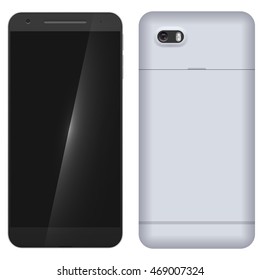 Front and back of the modern mobile phone isolated on white background. Smartphone realistic vector template.