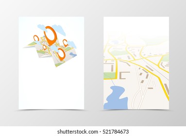 Front and back navigation flyer template design. Abstract template with map and red pointers in isometric style. Vector illustration