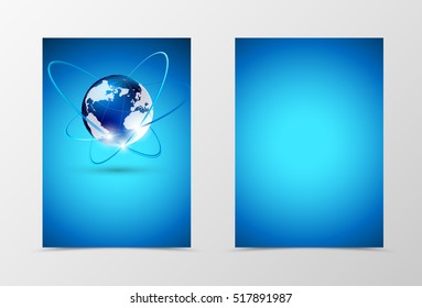 Front and back network concept flyer template design. Abstract template in blue colors with globe in digital style. Vector illustration