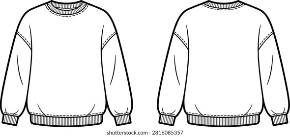 Front and back outline vector of a long sleeve crewneck sweatshirt, showcasing ribbed cuffs, hem, and classic garment construction for designers.
